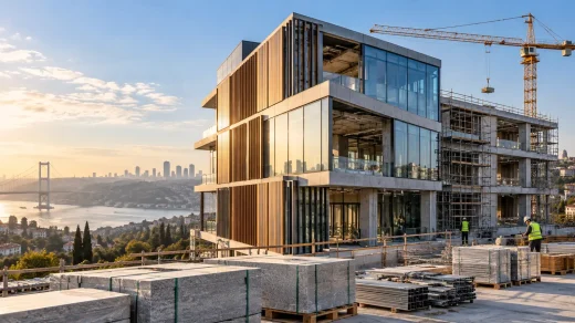 İnşaatı tamamlanmak üzere olan modern bina ve vinç