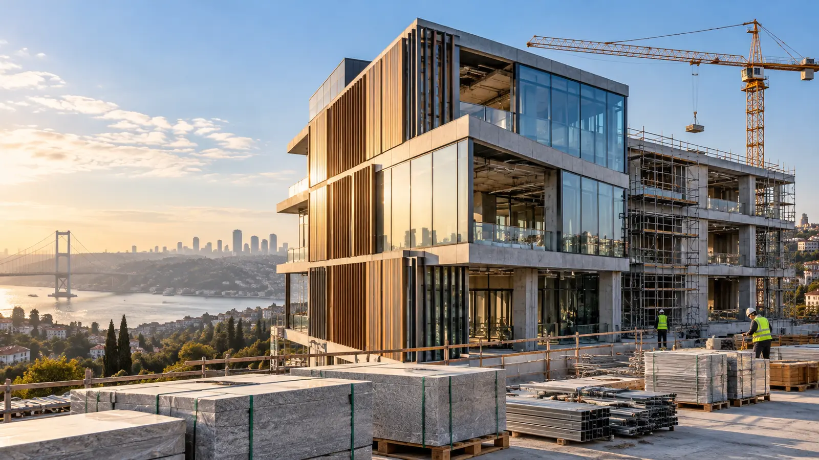 İnşaatı tamamlanmak üzere olan modern bina ve vinç