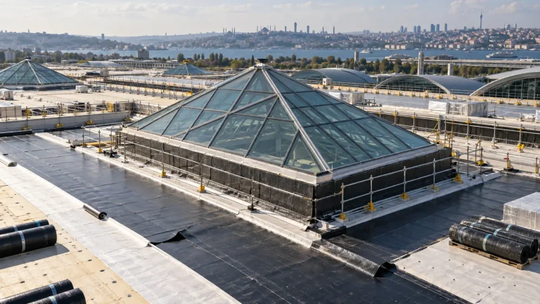 Terminal çatısında piramit ışıklık ve yalıtım ruloları