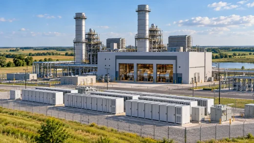 Doğal gaz santrali önünde sıralanmış batarya depolama üniteleri