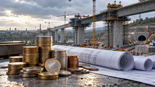 Köprü inşaatı önünde euro paraları