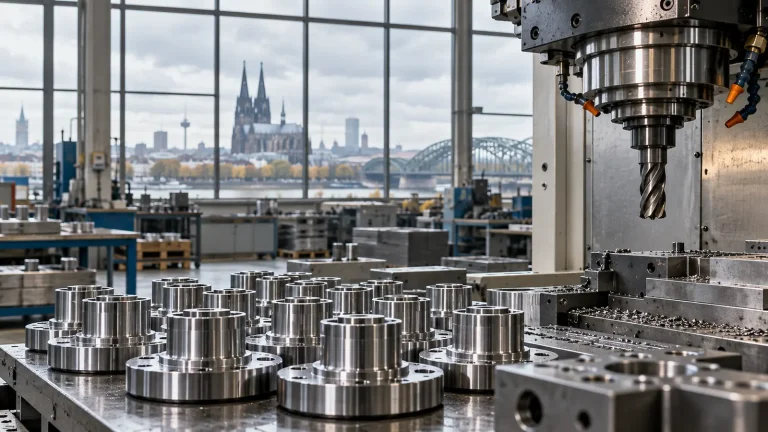 Fabrikada CNC tezgâhı ve işlenmiş metal parçalar