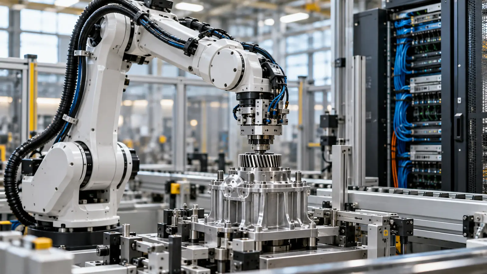 Robotik kol, metal parça ve sunucu kabini
