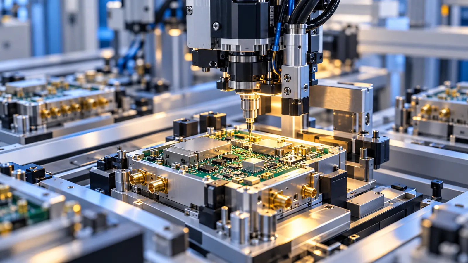 Robotik düzende devre kartları ve metal elektronik modüller