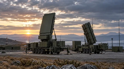 Gün doğumunda açık arazide konuşlandırılmış radar ve hava savunma araçları görülüyor.