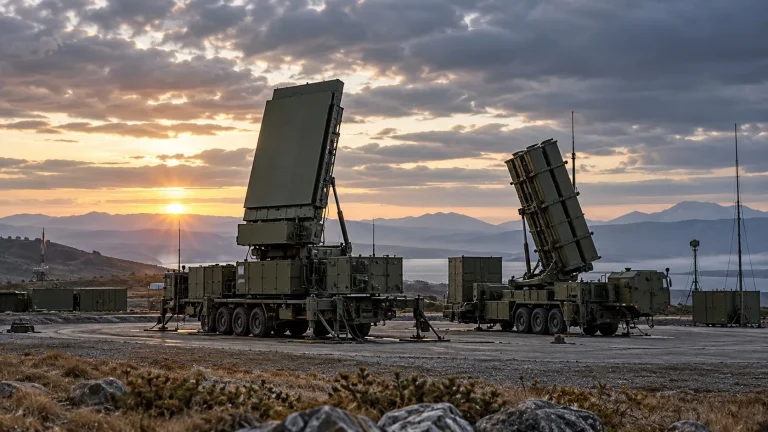 Gün doğumunda açık arazide konuşlandırılmış radar ve hava savunma araçları görülüyor.