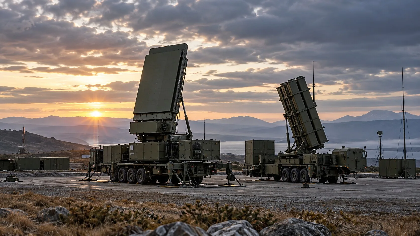 Gün doğumunda açık arazide konuşlandırılmış radar ve hava savunma araçları görülüyor.