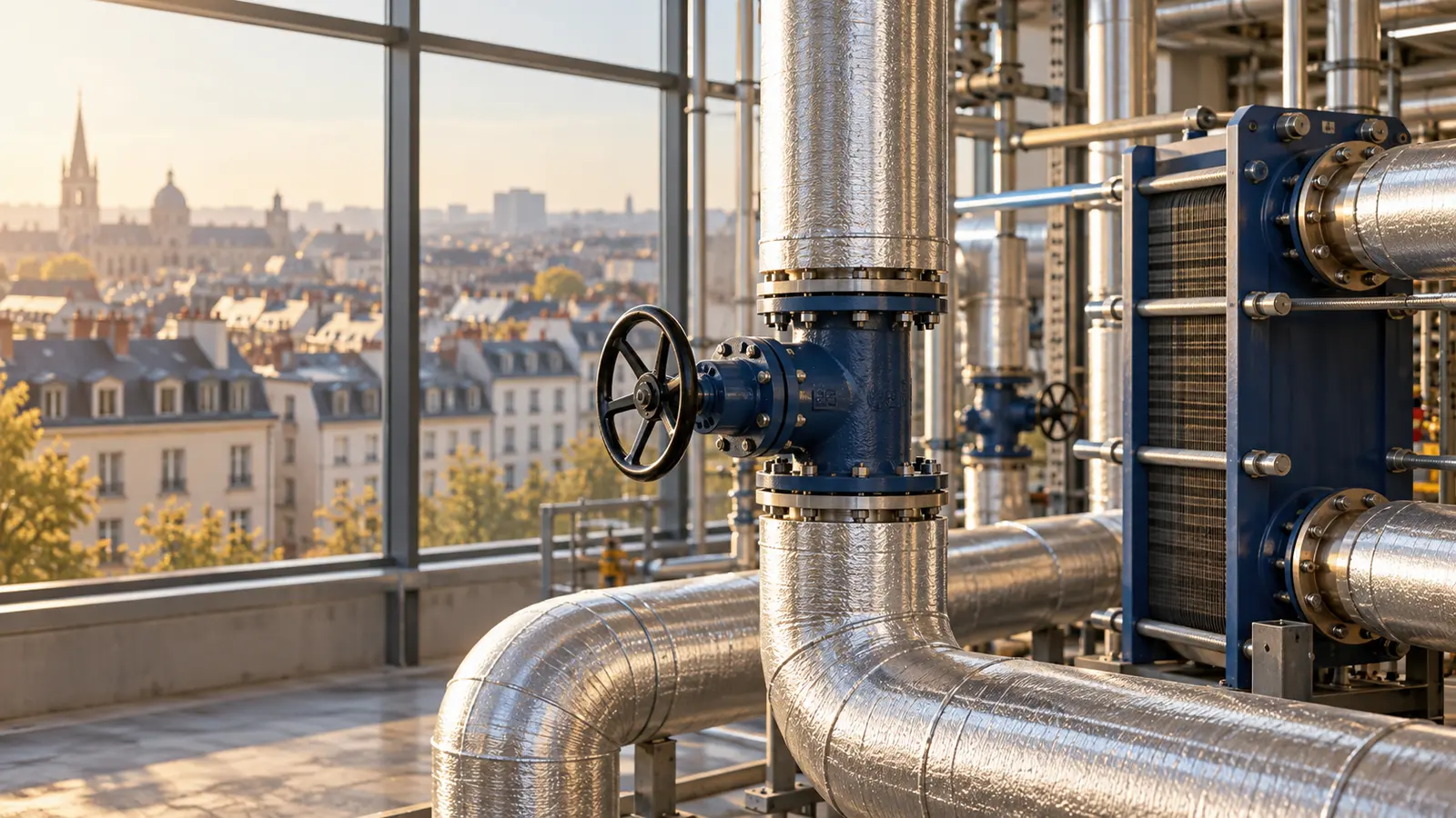 Enerji tesisinde yalıtımlı borular ve ısı eşanjörü vanaları