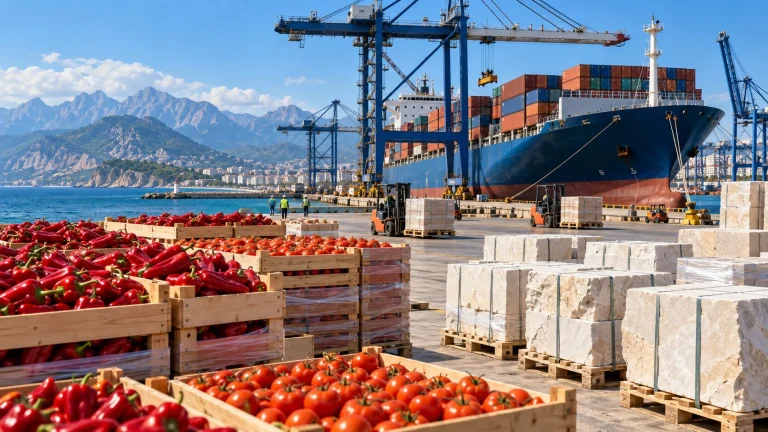 Limanda ihracata hazırlanan biber, domates ve doğal taş paletleri görülüyor.