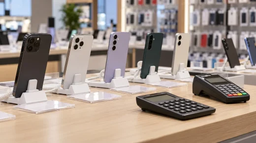 Bir teknoloji mağazasında satışa sunulan telefonlar, hesap makinesi ve ödeme terminali görülüyor.