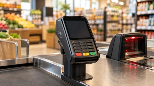 Market kasasında ödeme terminali ve barkod okuyucu