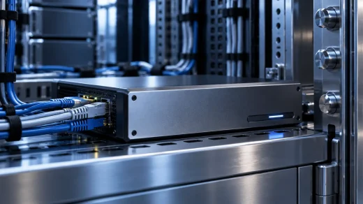 Ağ kablolarına bağlı metal cihaz ve güvenlik kabini
