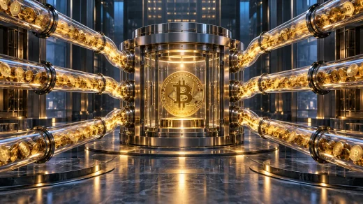 Sekiz şeffaf kanaldan merkezi Bitcoin kasasına akan altın renkli varlıklar