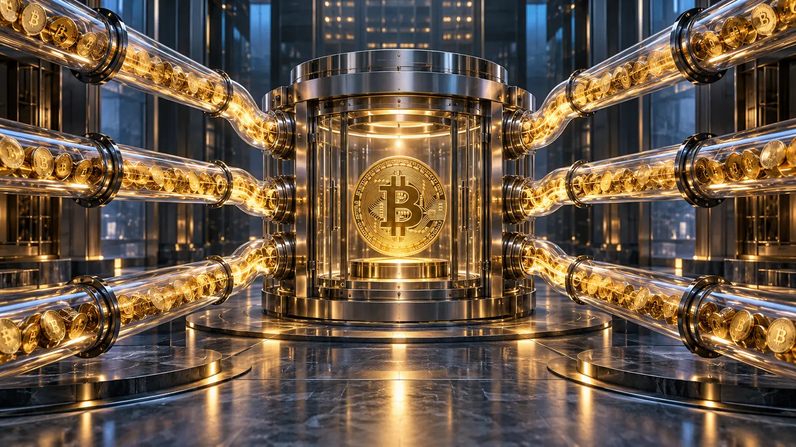 Sekiz şeffaf kanaldan merkezi Bitcoin kasasına akan altın renkli varlıklar