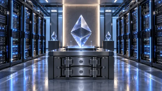 Sunucu odasında Ethereum simgesi ve saklama kasası