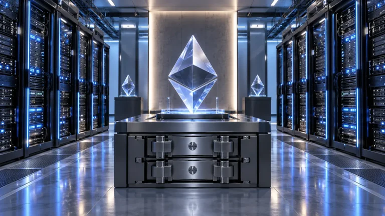 Sunucu odasında Ethereum simgesi ve saklama kasası