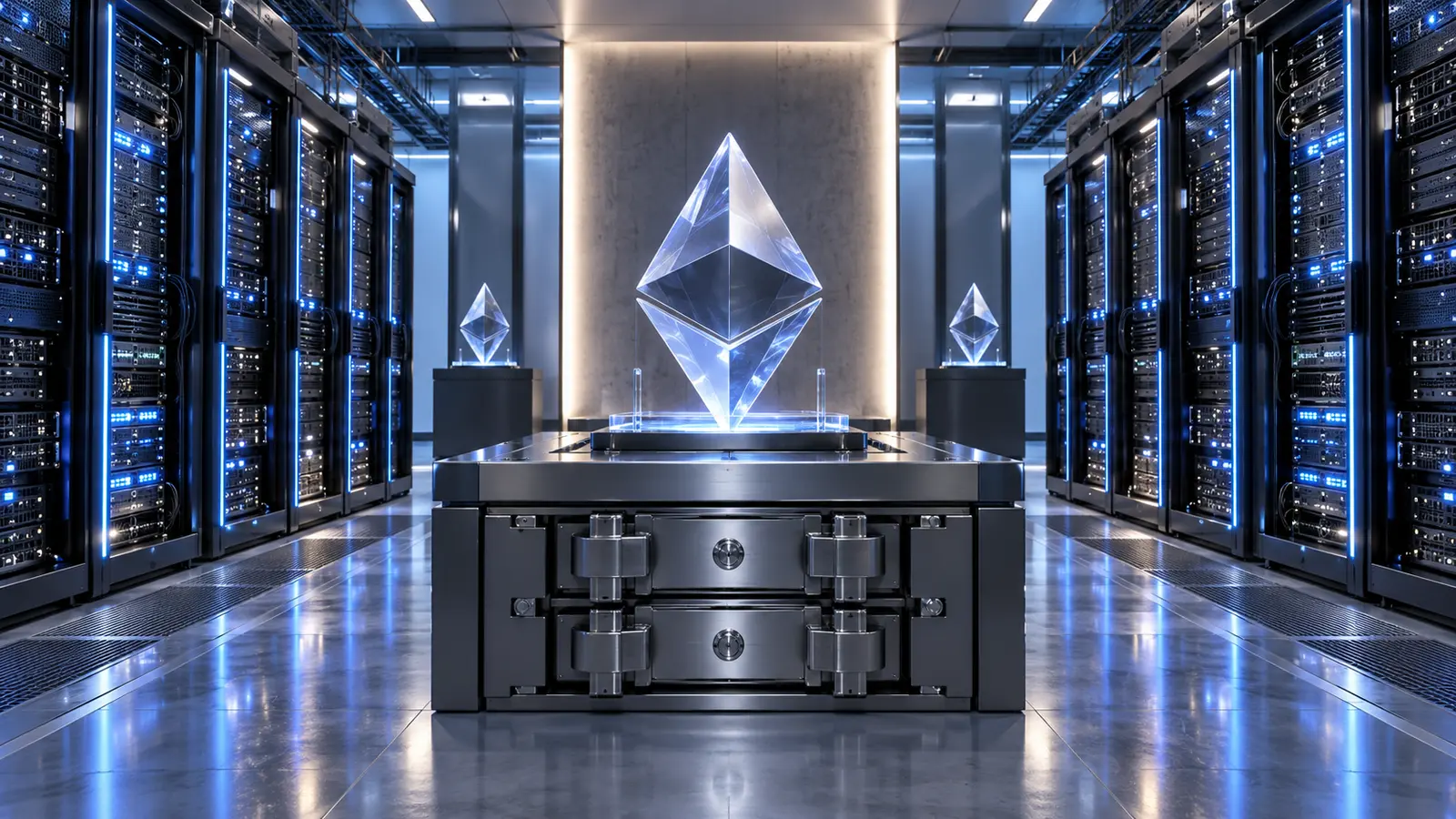 Sunucu odasında Ethereum simgesi ve saklama kasası
