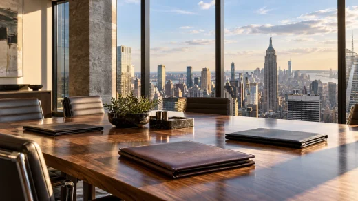 New York manzaralı toplantı odasında portföy dosyaları
