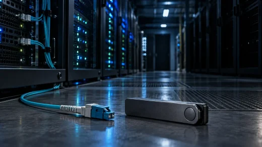 Karanlık bir veri merkezinde bağlantısı çıkarılmış fiber kablo ve logosuz donanım cüzdanı bulunuyor.