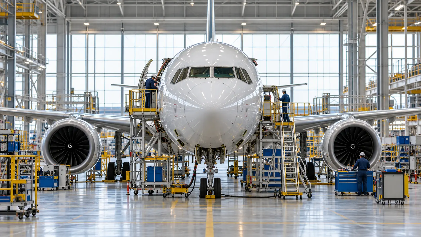 Hangarda montaj aşamasındaki yolcu uçağı