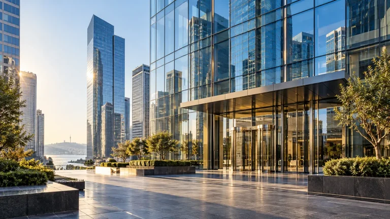 Cam cepheli ofis binaları ve boş meydan