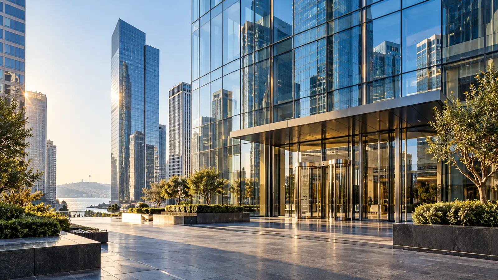 Cam cepheli ofis binaları ve boş meydan
