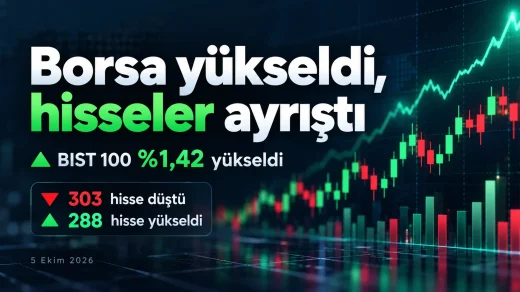 Borsa İstanbul'da BIST 100 endeksinin 5 Ekim 2026 gününü yüzde 1,42 yükselişle tamamladığını anlatan öne çıkan görsel.