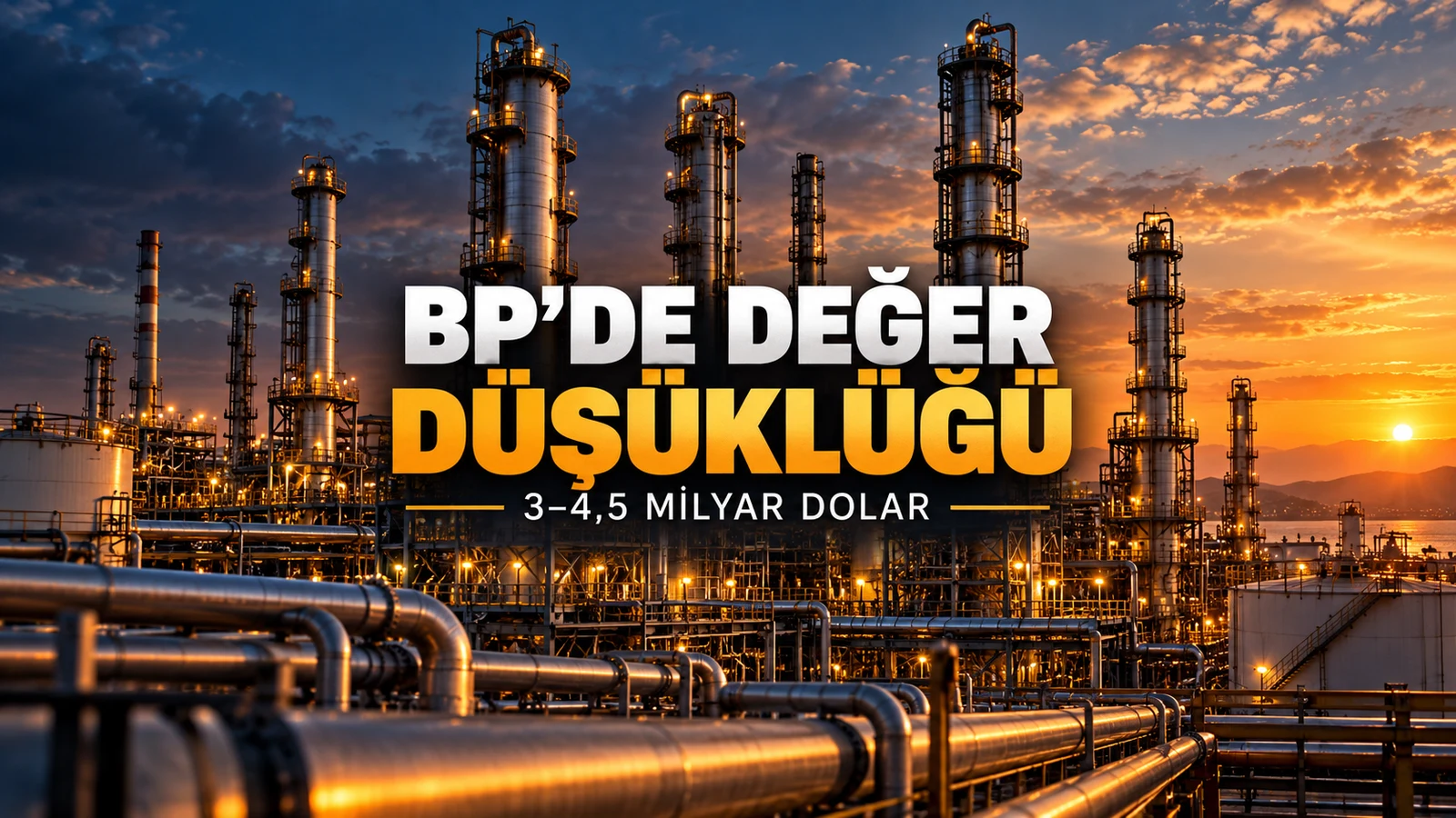 Gün batımında rafineri kuleleri ve borular