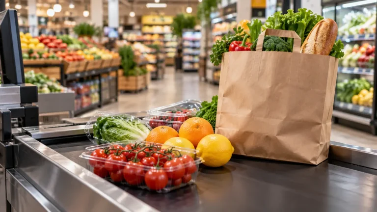 Market kasa bandında sebze, meyve ve kâğıt çanta