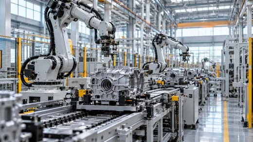 Fabrikada robot kolları ve üretim konveyörü