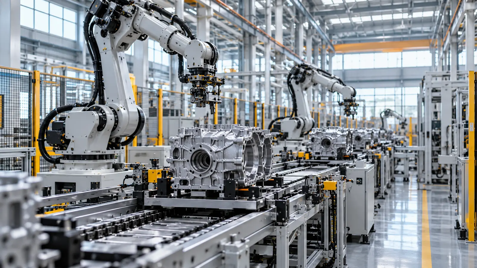 Fabrikada robot kolları ve üretim konveyörü