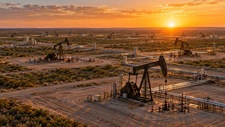 Güney Teksas arazisinde petrol pompaları ve boru hatları