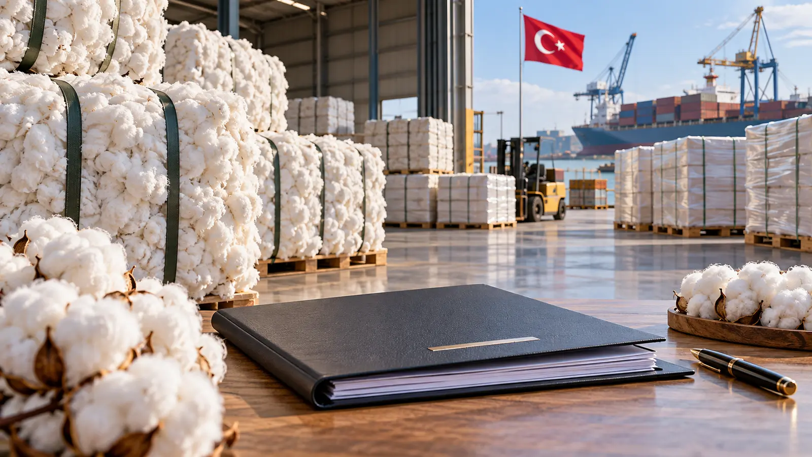 Limandaki depoda istiflenmiş pamuk balyaları