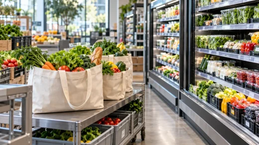 Market rafları önünde sebze dolu bez çantalar.