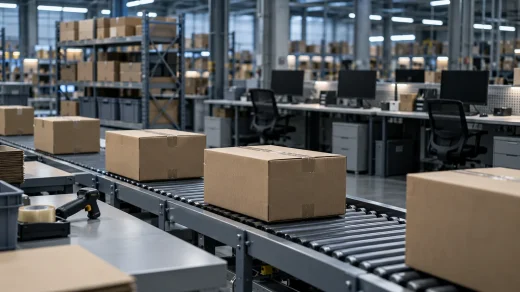 E-ticaret paketleme hattında koliler ve arka planda boş çalışma masaları
