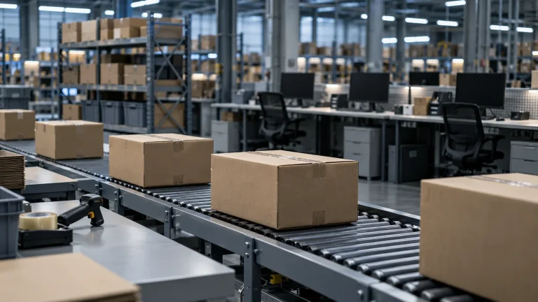 E-ticaret paketleme hattında koliler ve arka planda boş çalışma masaları