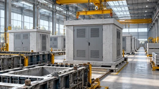 Fabrika içinde beton elektrik köşkleri ve vinç
