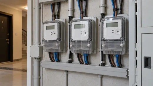 Apartman duvarında elektrik sayaçları ve korumalı kablo hatları
