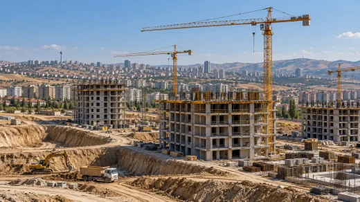 Kentsel alanda vinçler ve betonarme inşaat yapıları