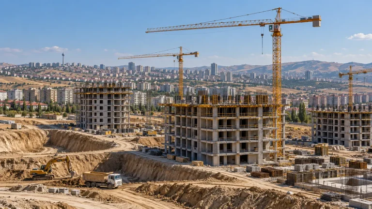 Kentsel alanda vinçler ve betonarme inşaat yapıları