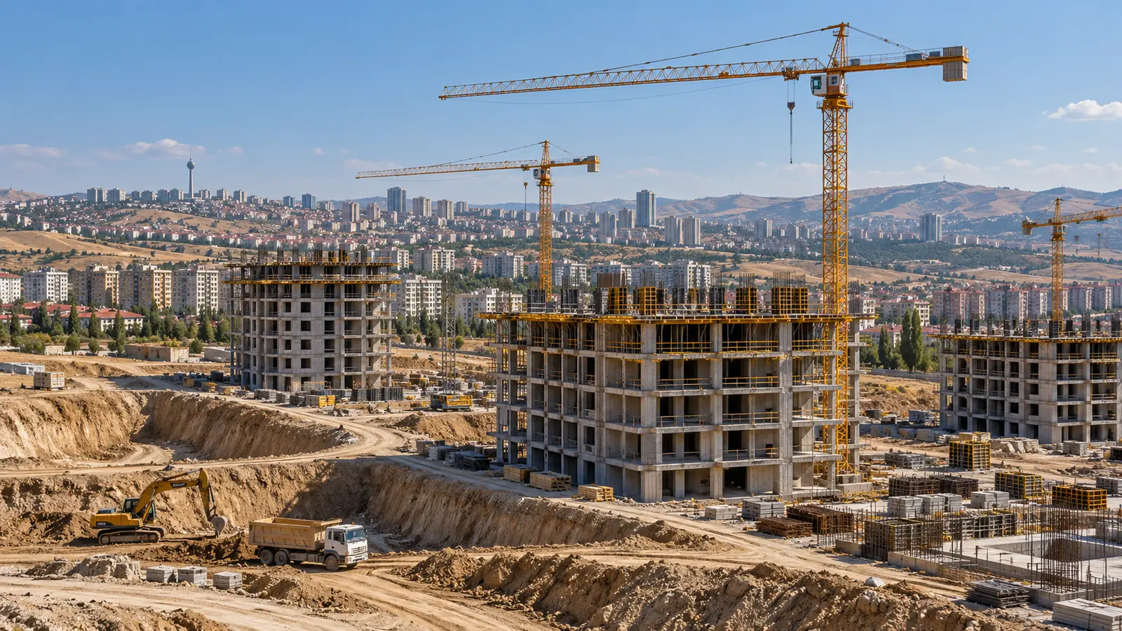 Kentsel alanda vinçler ve betonarme inşaat yapıları