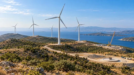 Kıyıdaki rüzgâr santralinde çalışan türbinler ile yeni türbin temeli ve vinç görülüyor.