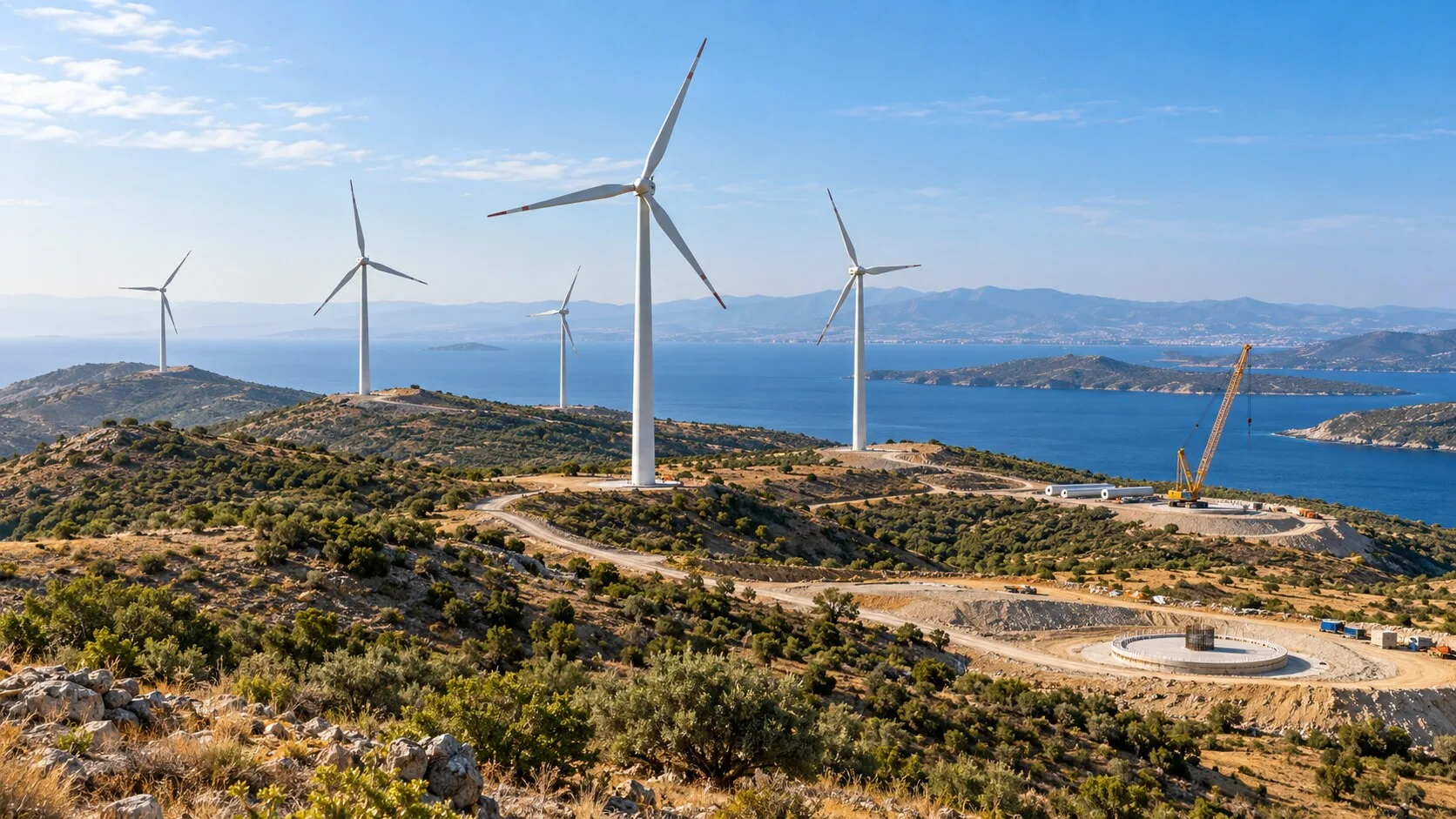Kıyıdaki rüzgâr santralinde çalışan türbinler ile yeni türbin temeli ve vinç görülüyor.