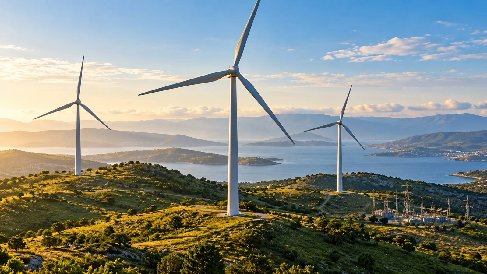 Yeşil tepelerde elektrik üreten rüzgâr türbinleri