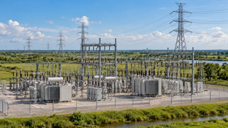 Yeşil arazide elektrik trafoları ve iletim hatları
