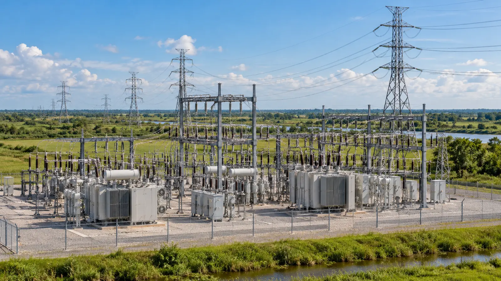 Yeşil arazide elektrik trafoları ve iletim hatları