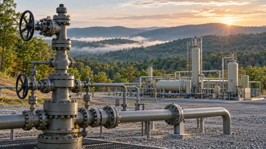 Ormanlık tepeler önünde doğal gaz kuyu başı ve çelik boru tesisatı