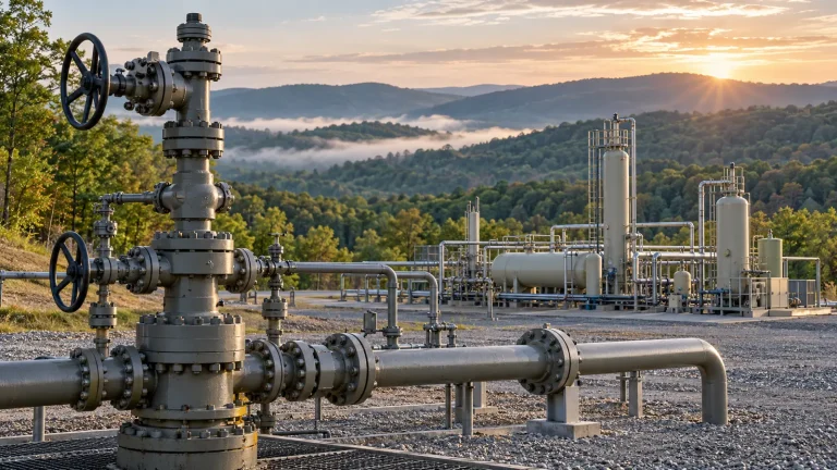 Ormanlık tepeler önünde doğal gaz kuyu başı ve çelik boru tesisatı
