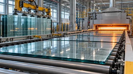 Cam levhaların otomatik üretim hattında işlendiği fabrika