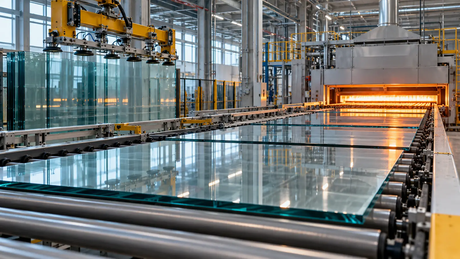 Cam levhaların otomatik üretim hattında işlendiği fabrika